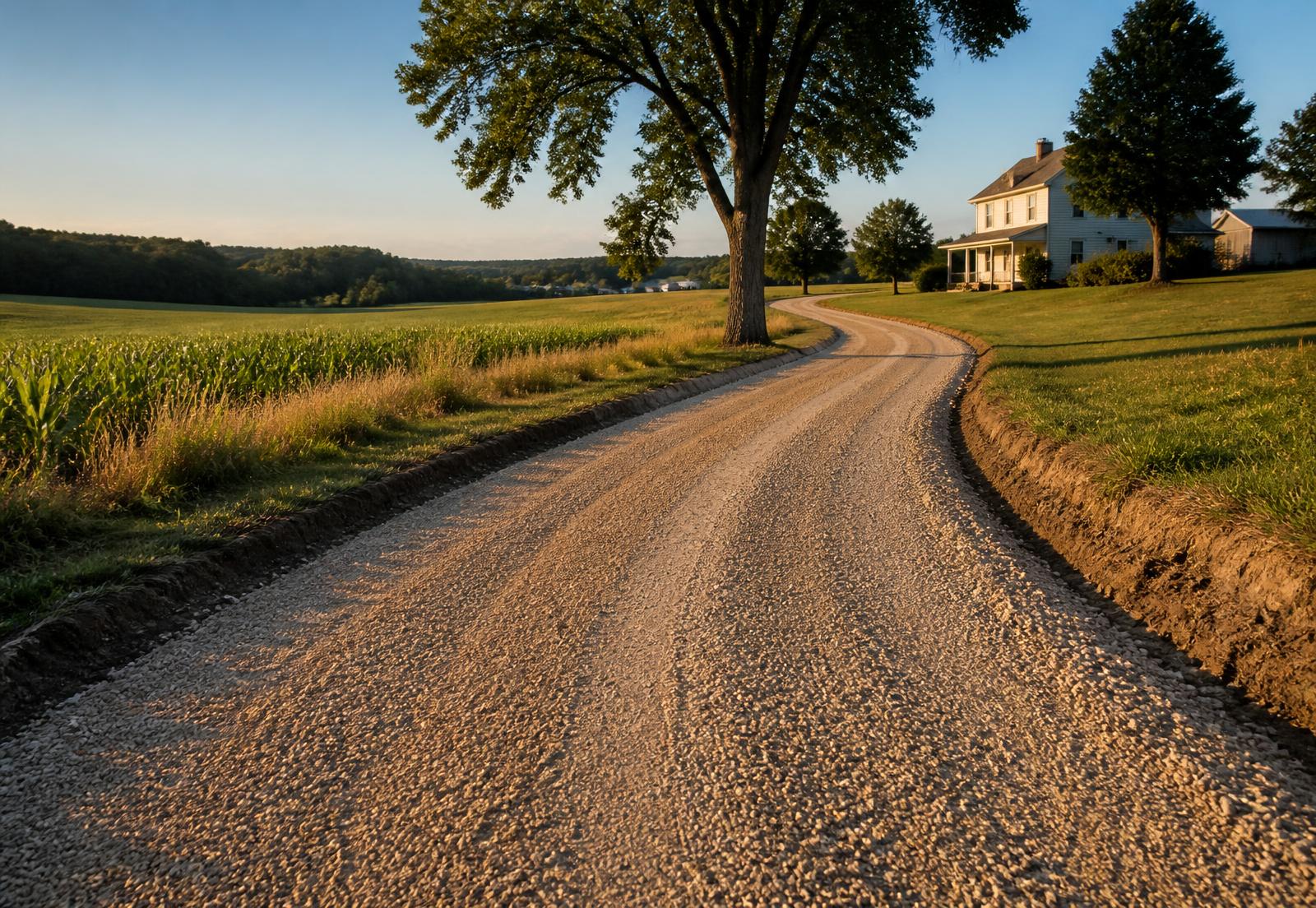 Freshly graded rural gravel driveway curving toward a farmhouse at sunset