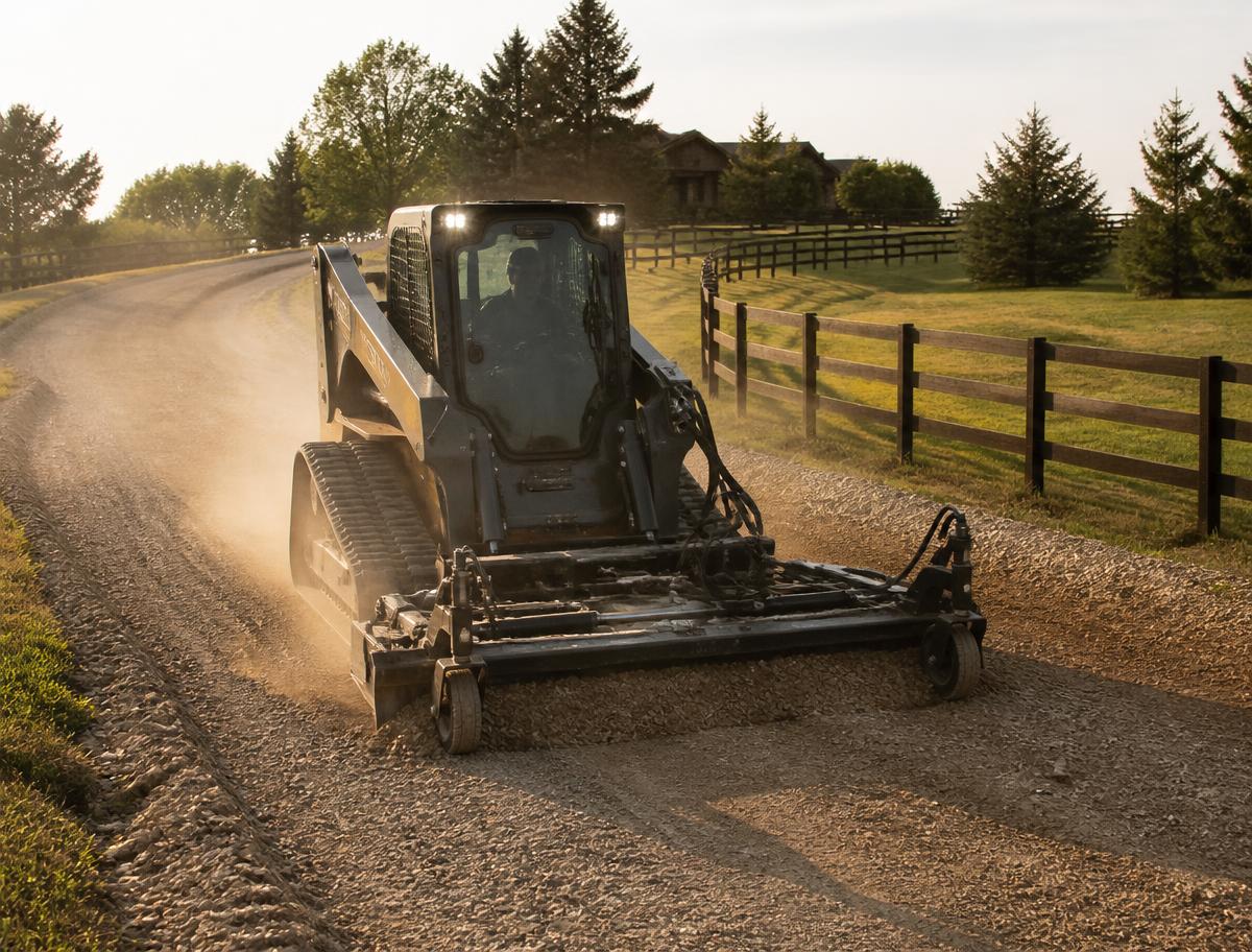 Compact track loader with a grading attachment reshaping a rural gravel driveway